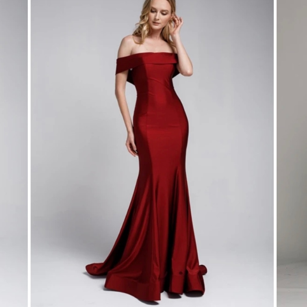 Burgundy red off the shoulder formal gown